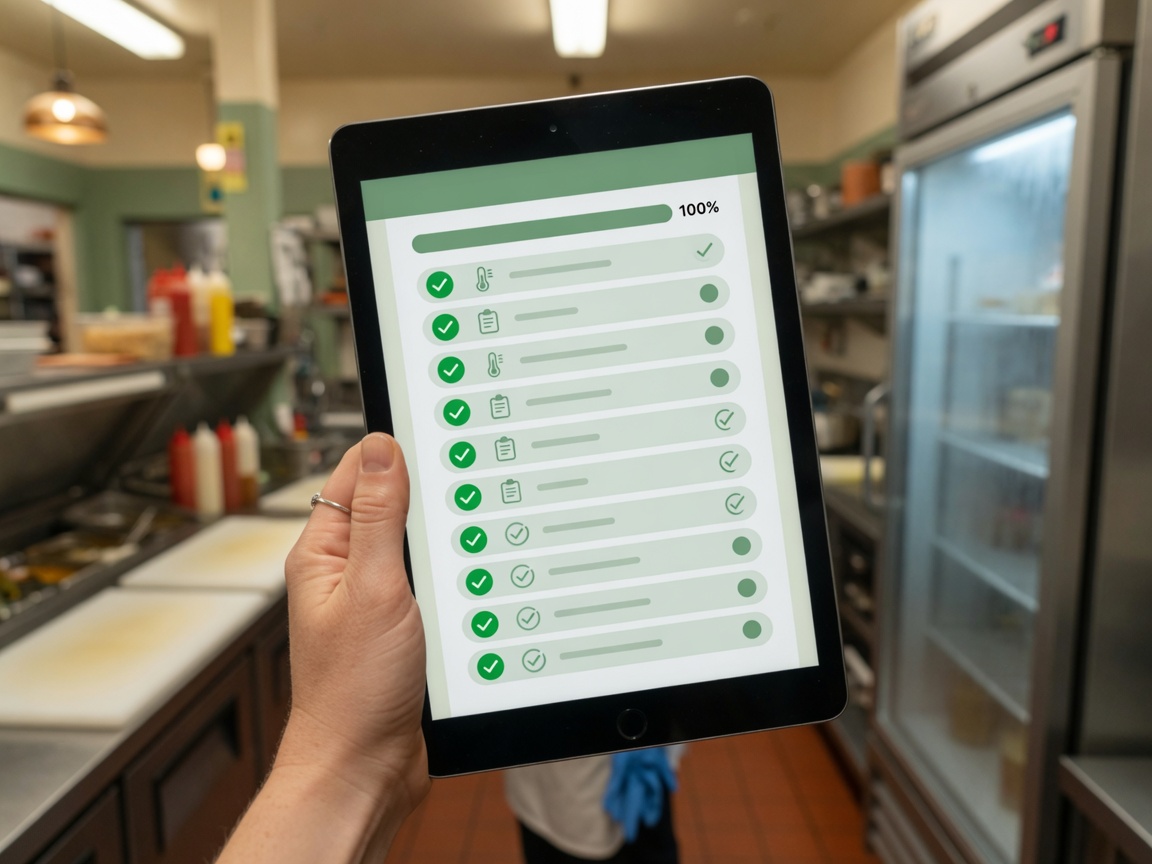Tablet with digital food safety checklist in a commercial kitchen