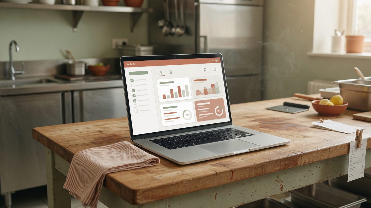 Laptop showing compliance dashboards on a restaurant prep table