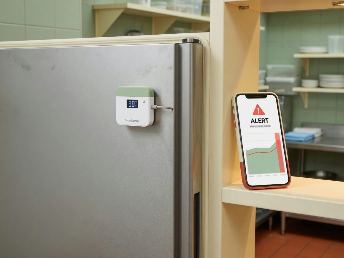 Wireless temperature sensor and phone alert on a commercial refrigerator