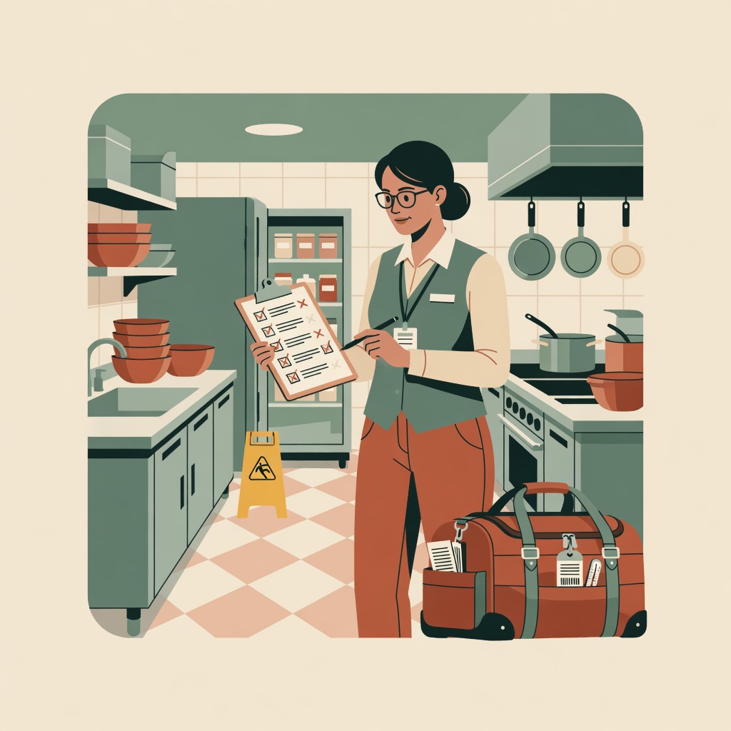 Food safety auditor inspecting a commercial kitchen with a clipboard