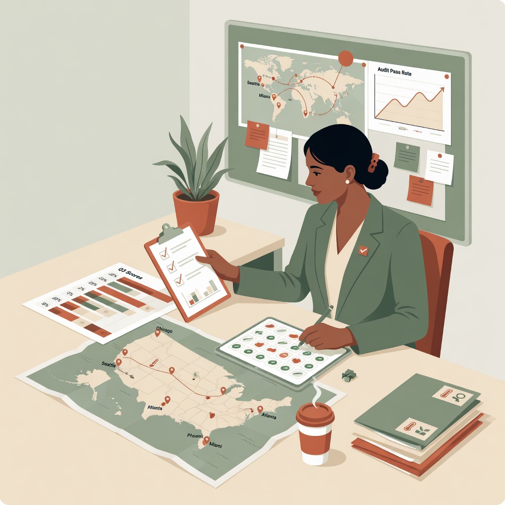Corporate food safety manager reviewing multi-location maps and audit charts