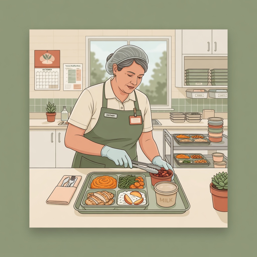 Dietary manager plating a meal tray in a healthcare kitchen