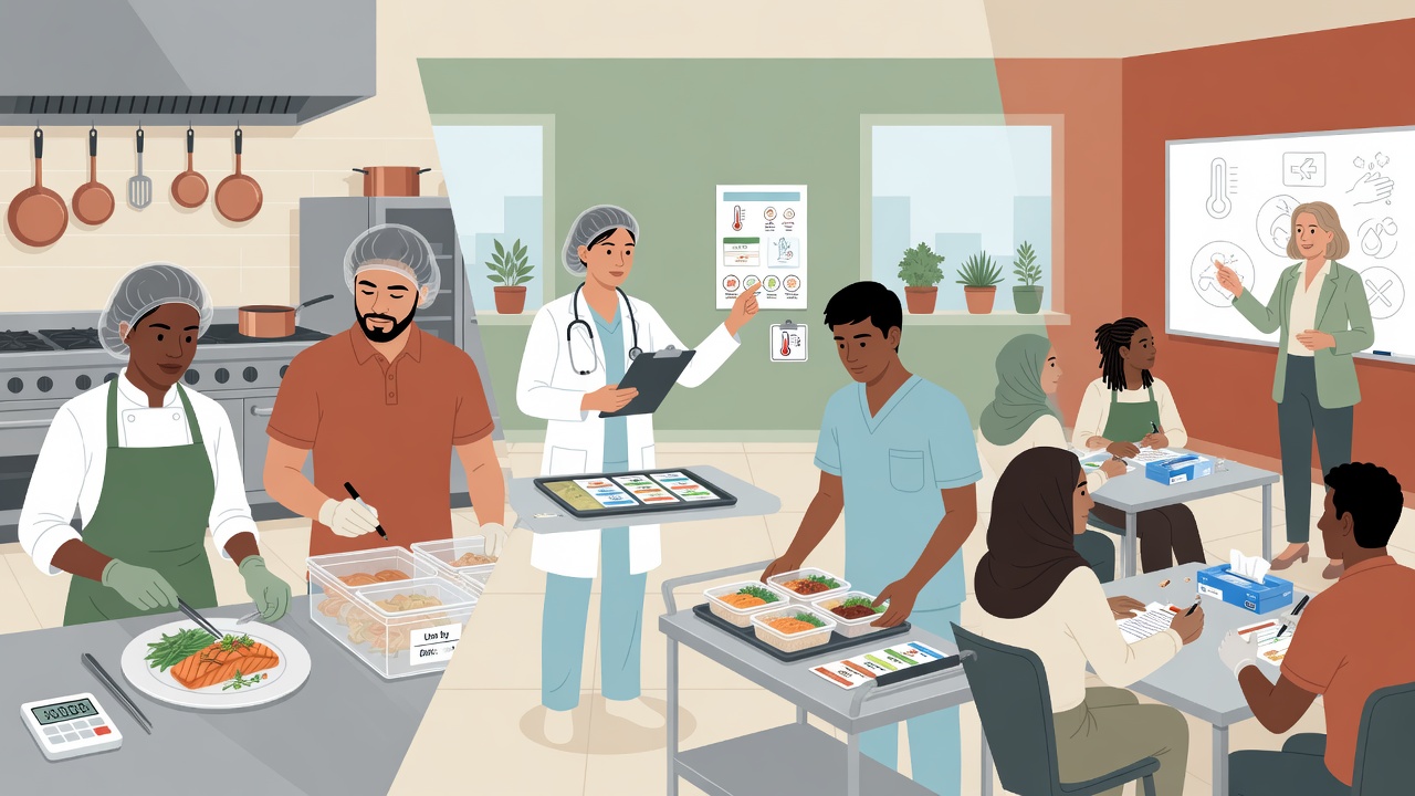Illustration of kitchen, healthcare dining, and food-safety training careers blended together