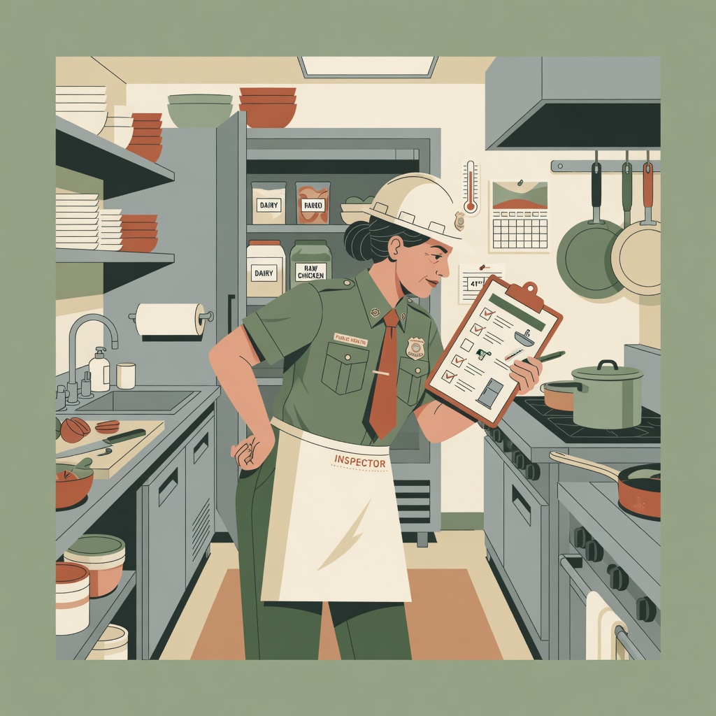 Public health food inspector checking a restaurant kitchen