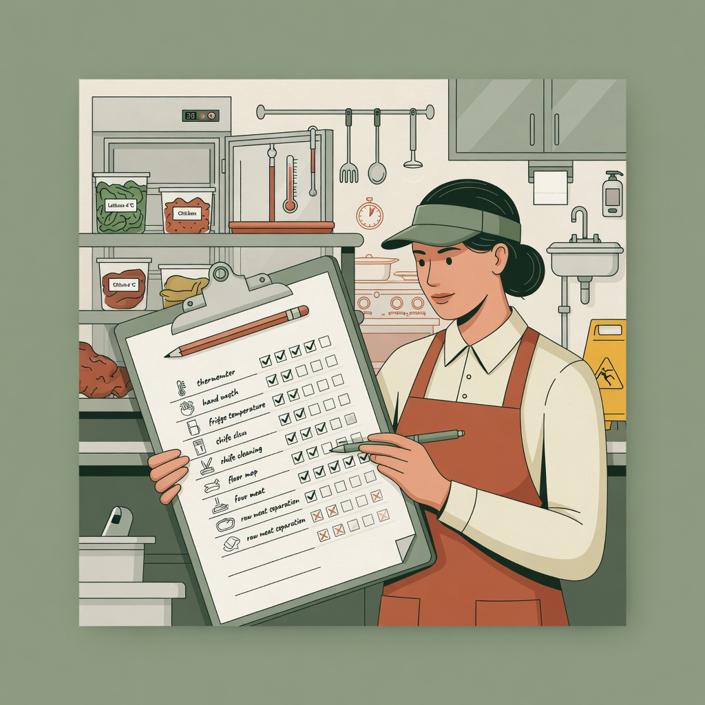 Kitchen professional with food safety checklist