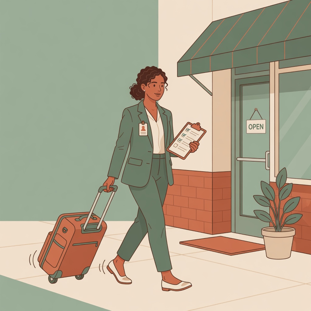 Traveling retail food safety auditor arriving at a restaurant