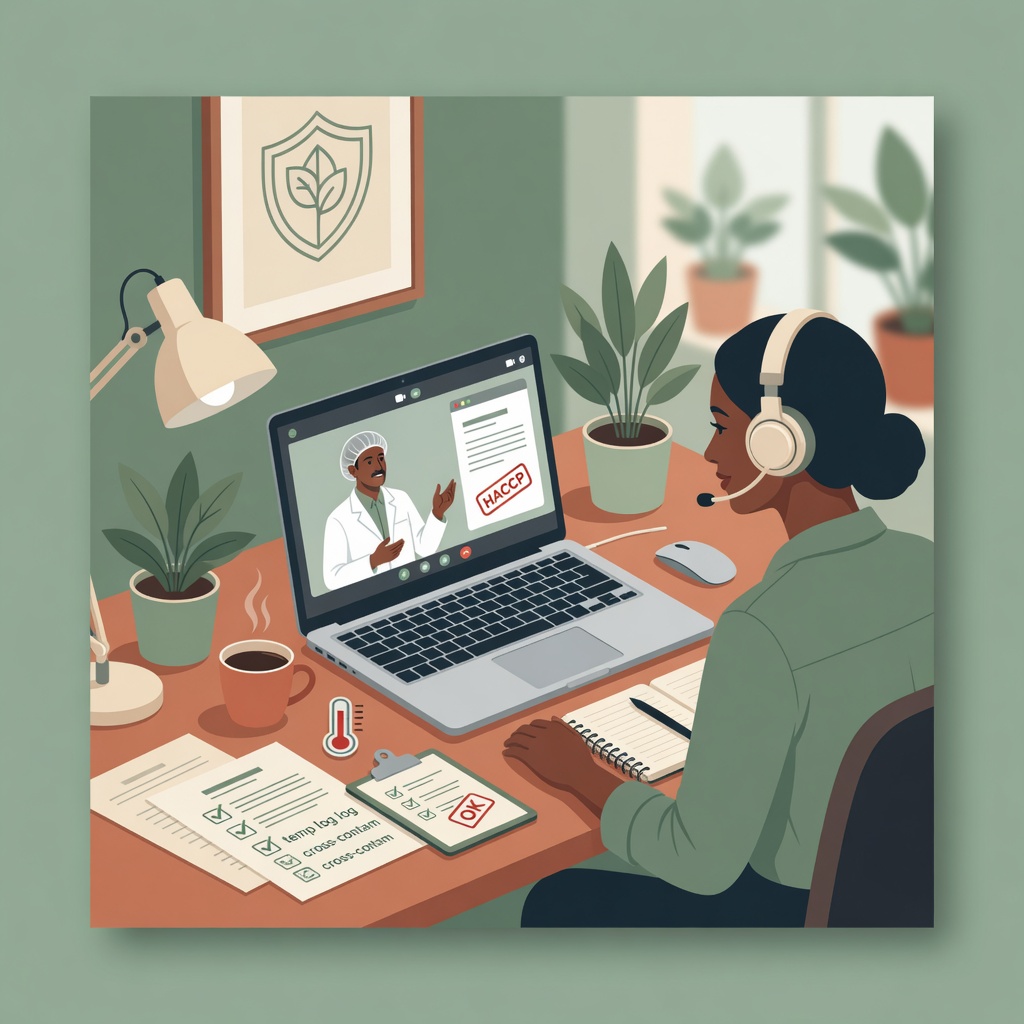 Remote food safety consultant on a video call with documents and checklists