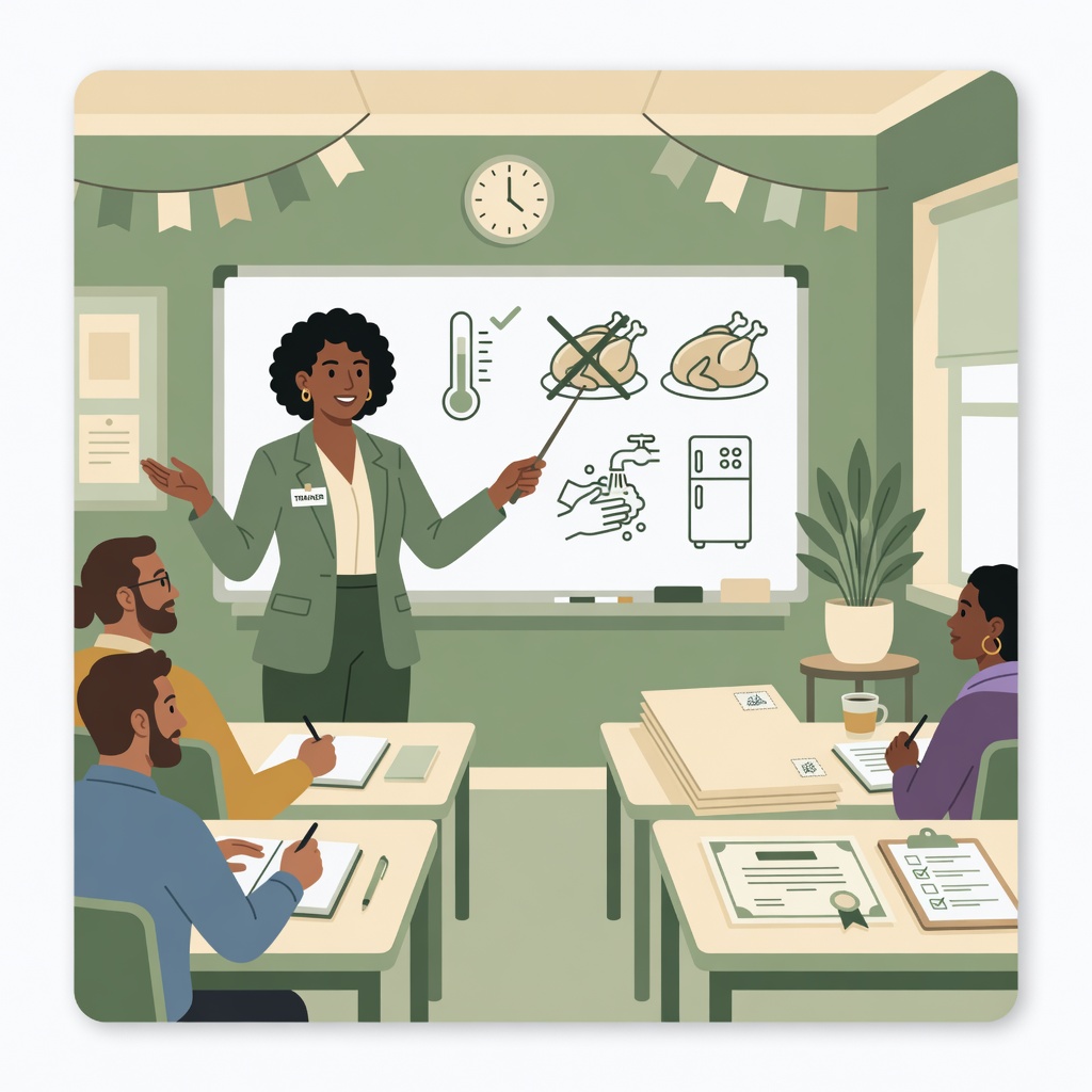 Food safety trainer teaching a classroom